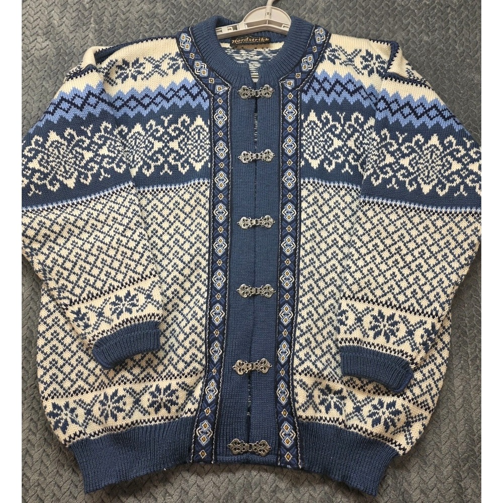 Vintage Nordstrikk Norway Wool Cardigan Men Medium Blue Nordic Pewter Clasps